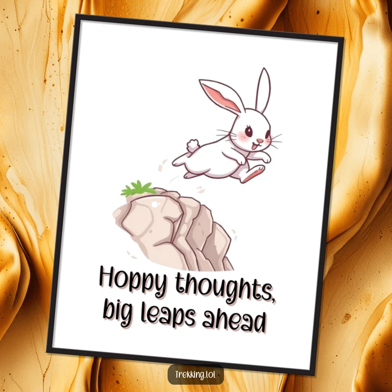 Funny Free Printable Wall Art showing a determined rabbit mid-leap, conquering a small chasm with pure grit.