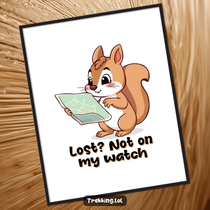Funny Free Printable Wall Art: A curious squirrel points with determination at a map, plotting a course.
