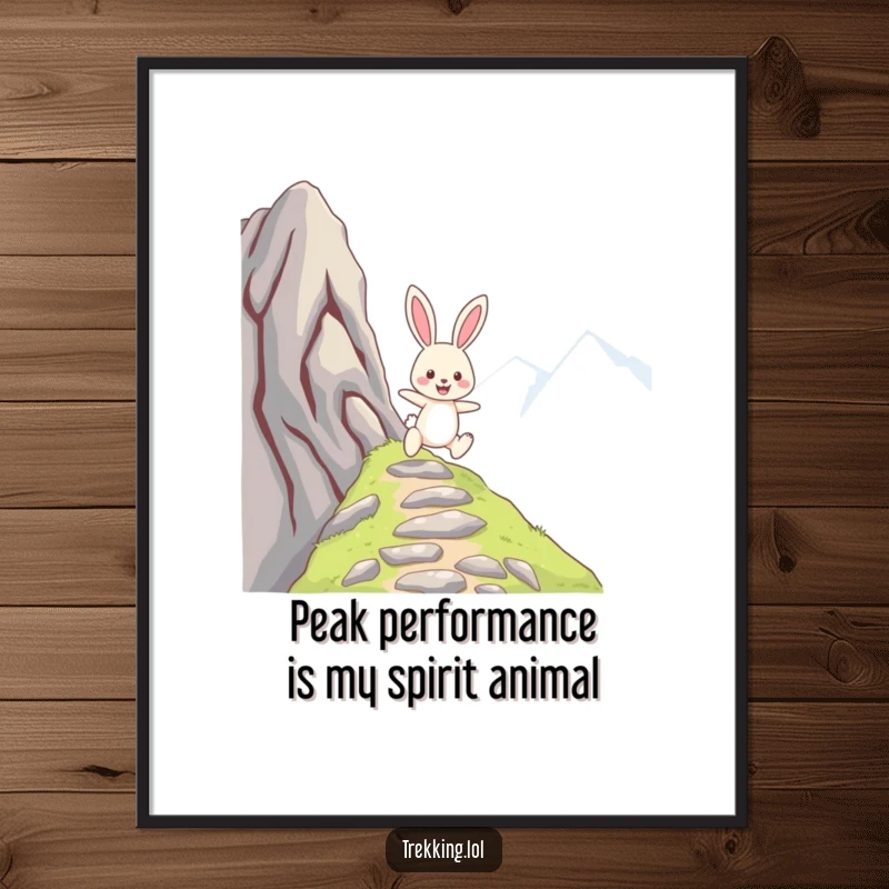 Funny Free Printable Wall Art: Cheerful bunny energetically skipping up a steep mountain path, radiating joy. Perfect humorous home decor.
