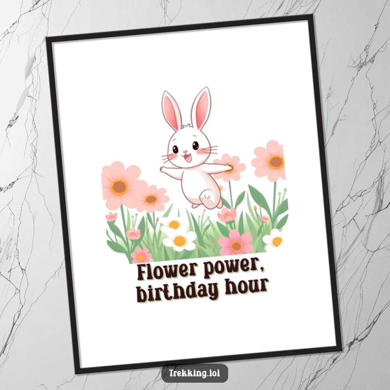 Funny Free Printable Wall Art: A cheerful bunny leaps energetically through a field bursting with oversized, colorful flowers.