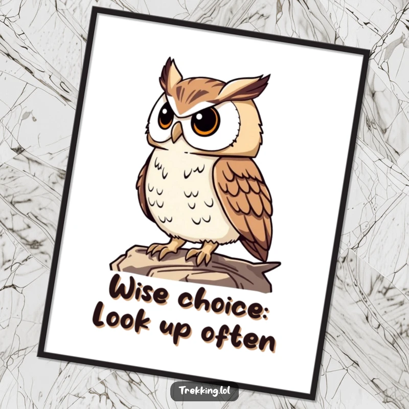 Funny Free Printable Wall Art: a proud owl observing the landscape from a high vantage point with a knowing gaze.
