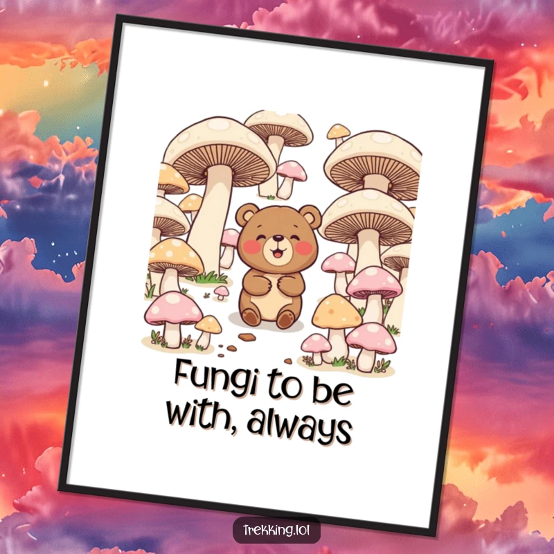 Funny Free Printable Wall Art: A bear with a big grin giggles while lost in a dense maze of giant, vibrant mushrooms.