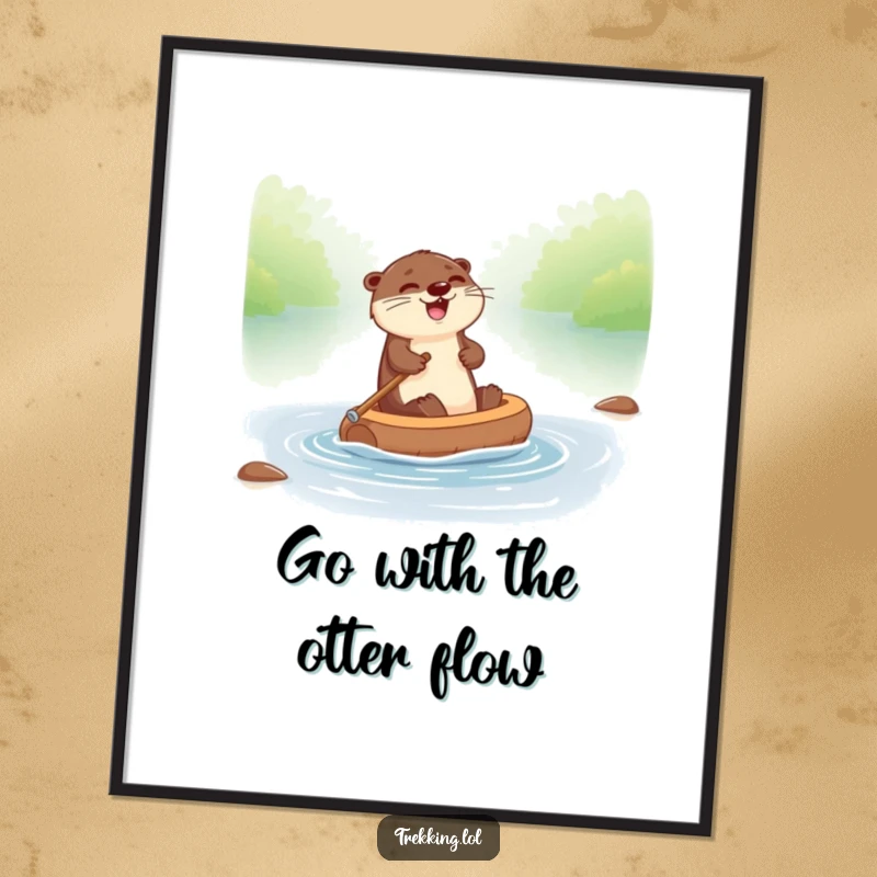 Funny free printable wall art: a giggling otter joyfully paddling a tiny raft down a winding river.
