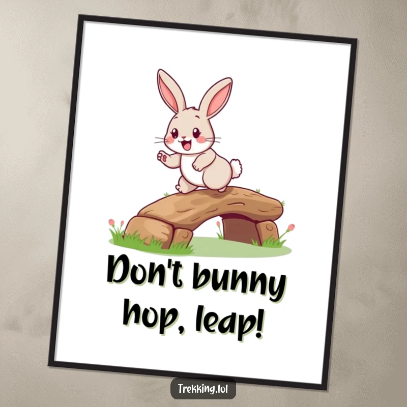 Funny Free Printable Wall Art: Happy Rabbit Grinning, Hopping Over a Tiny Log Bridge, Charming Woodland Scene!