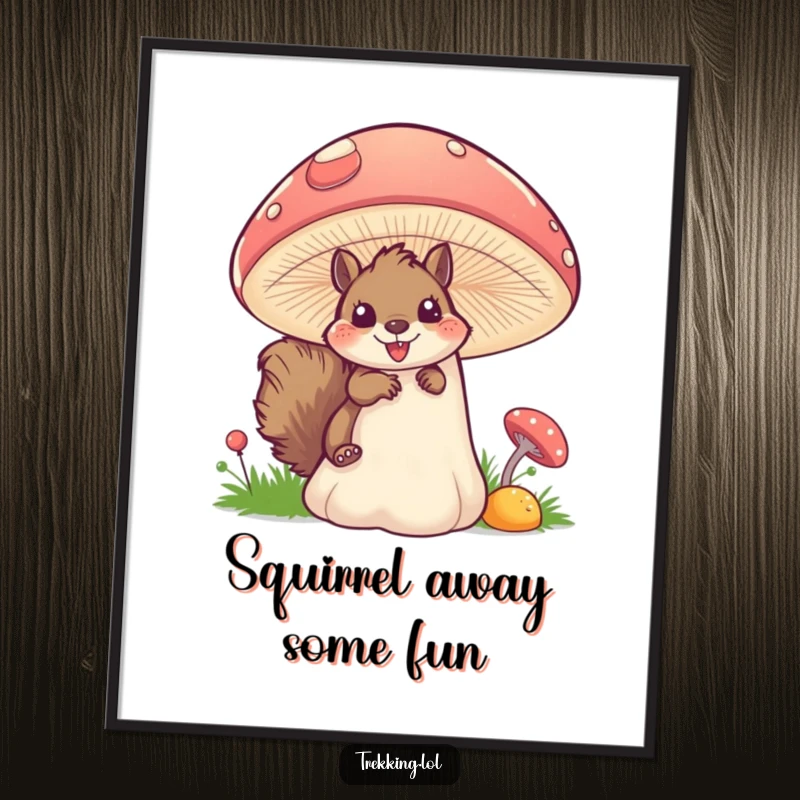 Funny Free Printable Wall Art: Fluffy Squirrel Peeking Excitingly Behind a Large Colorful Mushroom, Woodland Charm!