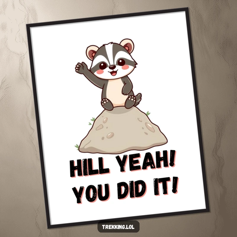 Funny Free Printable Wall Art: Energetic badger cheerfully waves from atop a small hill, creating a joyful scene.