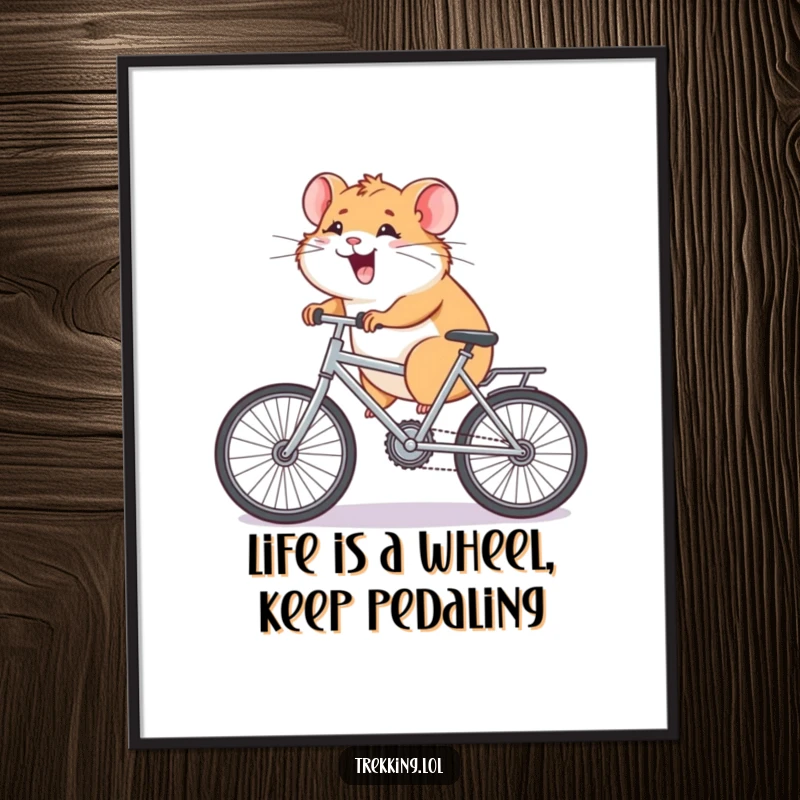 Funny Free Printable Wall Art depicting a giggling hamster bravely tackling an uphill climb on a tiny bicycle.