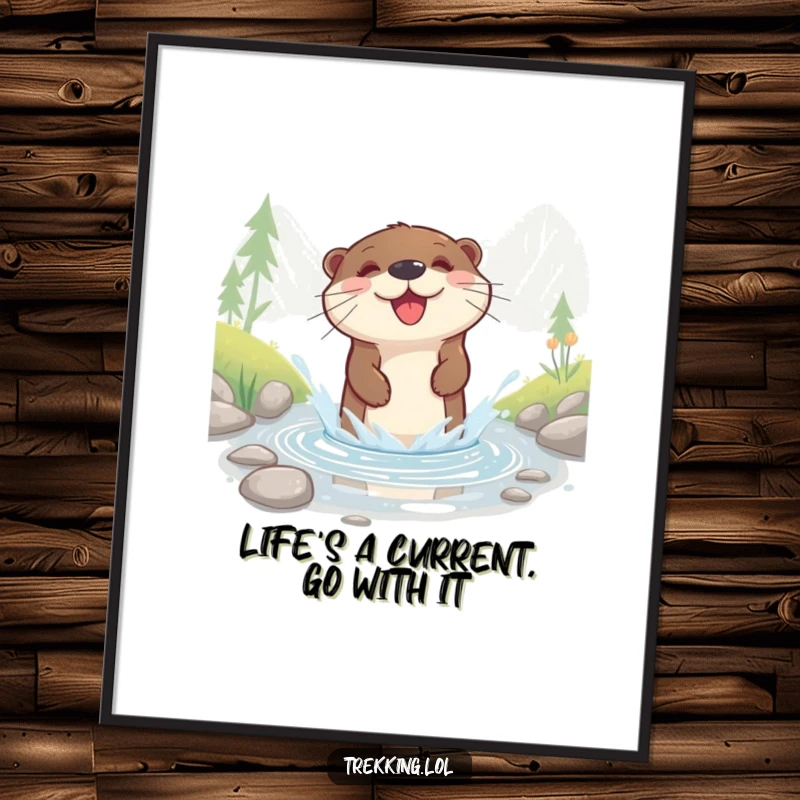 Funny free printable wall art of a happy otter enthusiastically splashing through a shallow, clear mountain stream.