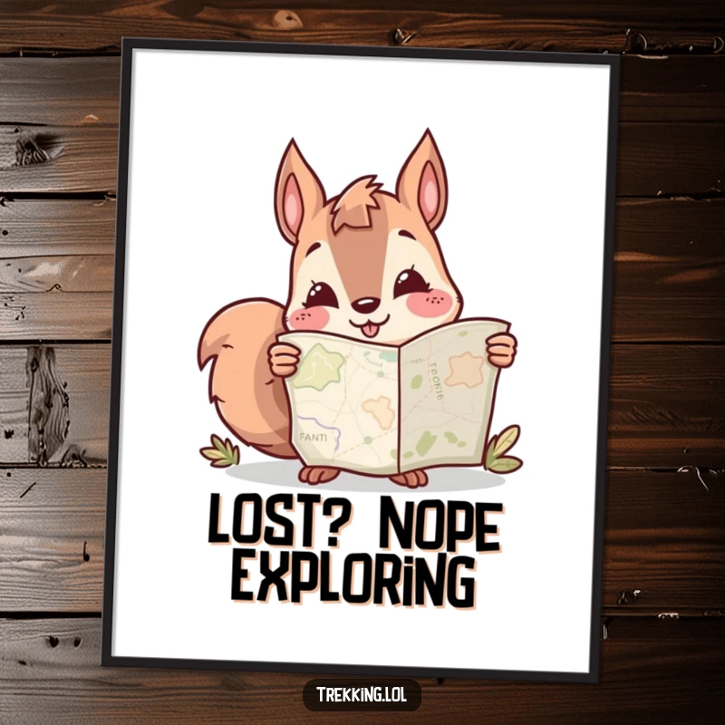 Funny Free Printable Wall Art: A curious squirrel with a huge smile gazes at a map, ready for discovery.