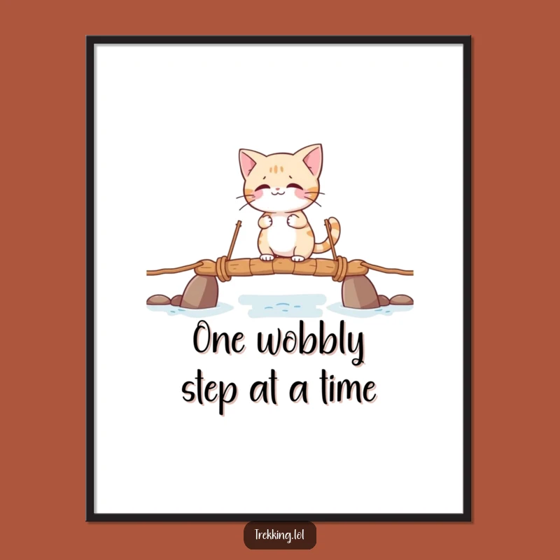 Funny Free Printable Cat Wall Art: Giggling Explorer on Wobbly Bridge Downloadable Decor