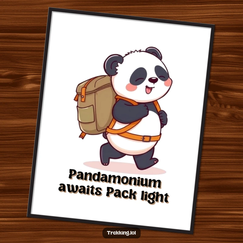 Funny Free Printable Wall Art: Playful Panda Stumbling Forward with a Giant Backpack!