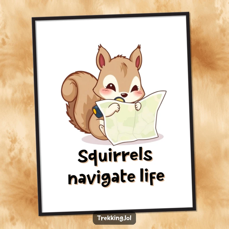 Funny Free Printable Wall Art: Curious squirrel peering at a map with a headlamp, planning an adventure. Humorous downloadable decor.