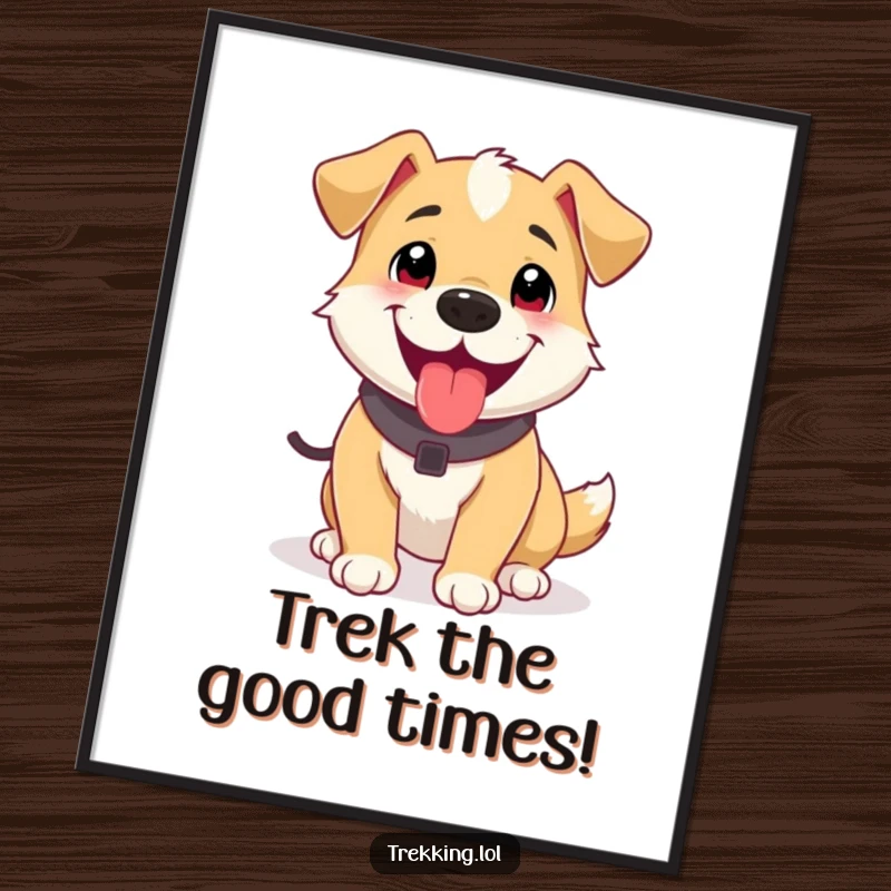 Funny Free Printable Wall Art: Playful dog panting happily after a trek, a humorous downloadable art piece.