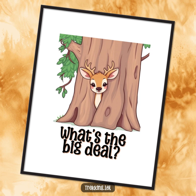 Funny Free Printable Wall Art: A deer with wide eyes peeking curiously from behind a massive tree, evoking wonder.