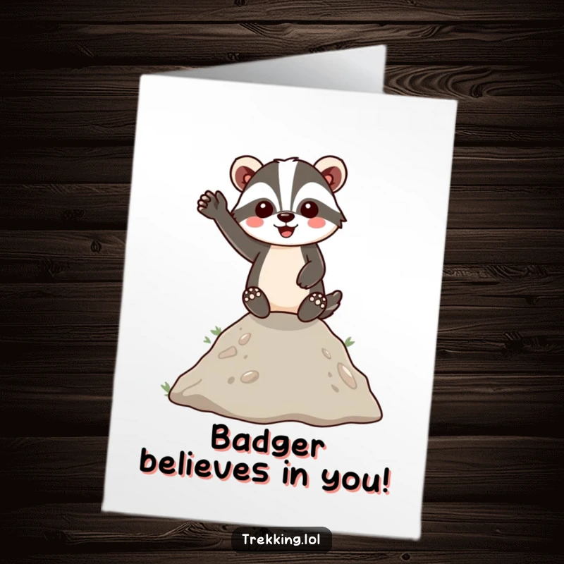 Funny Free Printable Birthday Card: Energetic badger cheerfully waves from a small hill, wishing a happy celebration.