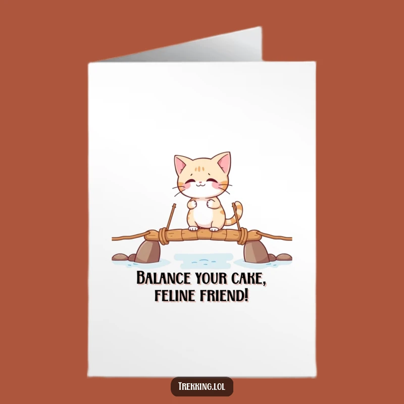 Free Printable Giggling Cat Birthday Card: Hilarious Wobbling Bridge Adventure Downloadable Gift