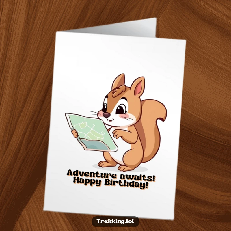 Funny Free Printable Birthday Card: A curious squirrel points with determination at a map, ready for adventure.