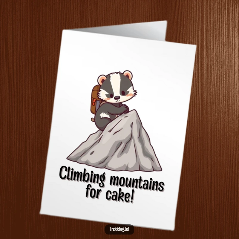 Funny Free Printable Birthday Card featuring a determined badger climbing a miniature mountain with a tiny backpack, celebrating achievement.
