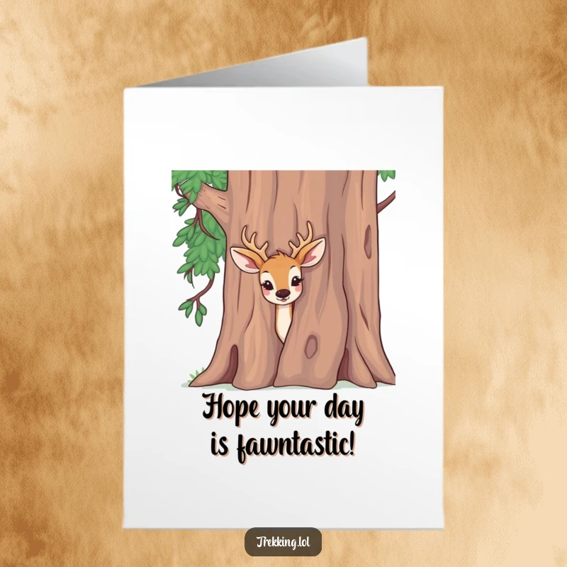 Funny Free Printable Birthday Card: Deer curiously peeking from behind a huge tree, perfect for a surprising wish.