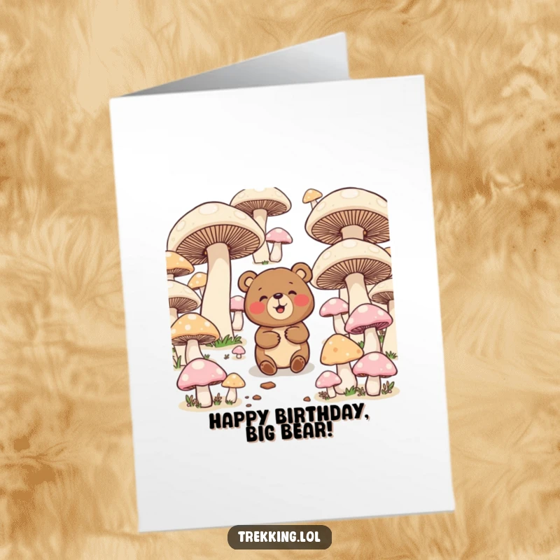 Funny Free Printable Birthday Card: A laughing bear hilariously struggles through a maze of giant, colorful mushrooms.