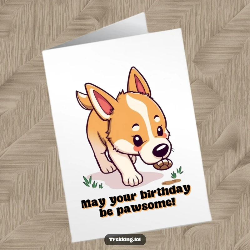 Funny Free Printable Birthday Card featuring a happy beagle dog with its nose to the ground, eagerly following a scent.