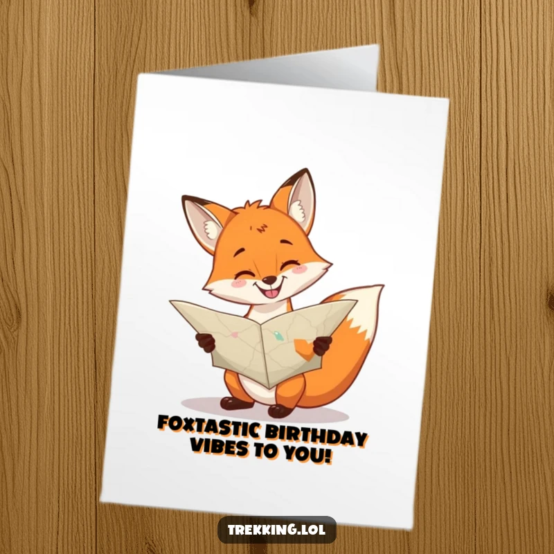 Funny free printable birthday card: A cheerful fox with a grin consults a large, unfolded map, planning a fun birthday adventure.