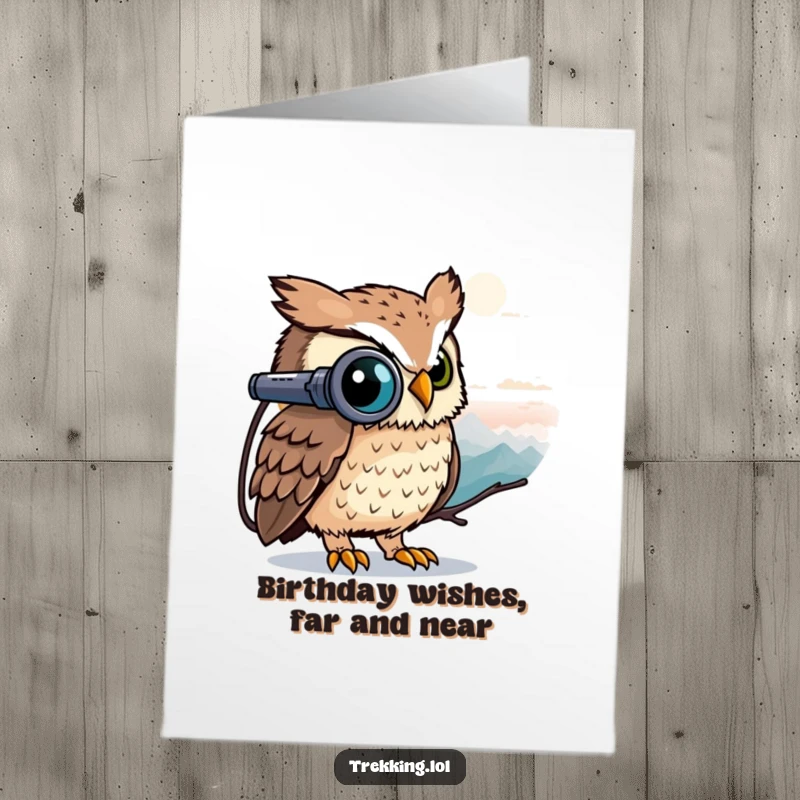 Funny Free Printable Birthday Card featuring a curious owl peeking through binoculars, spotting a distant peak for birthday adventures.