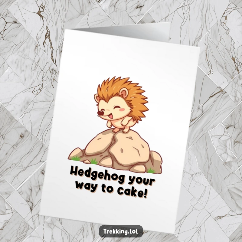 Funny Free Printable Hedgehog Birthday Card showing a happy hedgehog energetically scampering up a rocky path, celebrating life's climb.