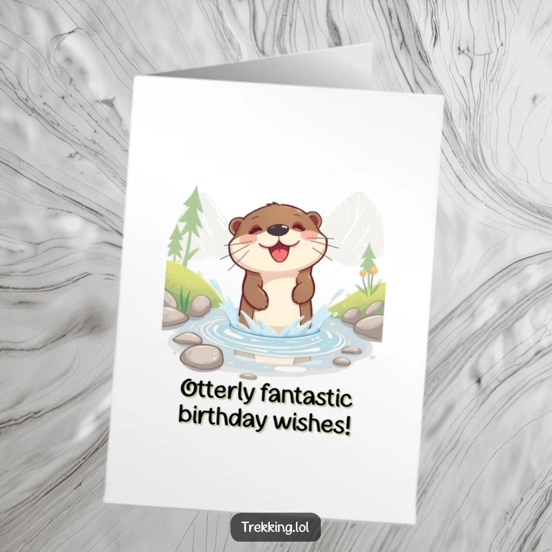 Funny free printable birthday card featuring a happy otter joyfully splashing through a shallow mountain stream.