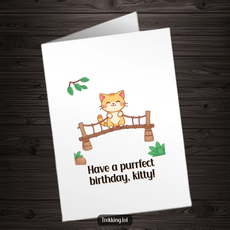 Funny free printable birthday card featuring a smiling cat confidently crossing a shaky, rickety rope bridge with a joyful expression.