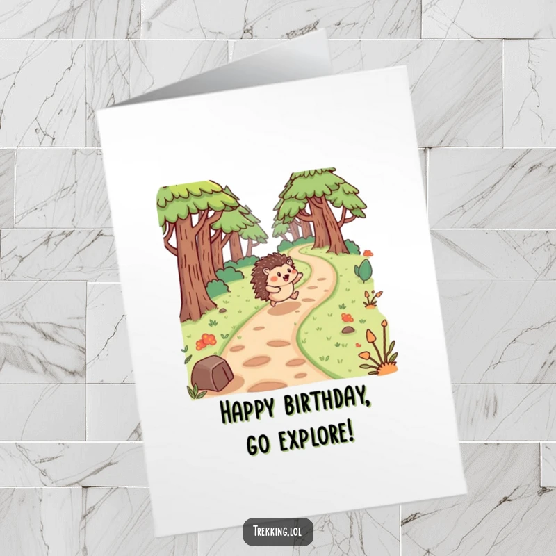 Funny Free Printable Birthday Card: A happy hedgehog bounces exuberantly along a winding forest path, radiating pure joy.