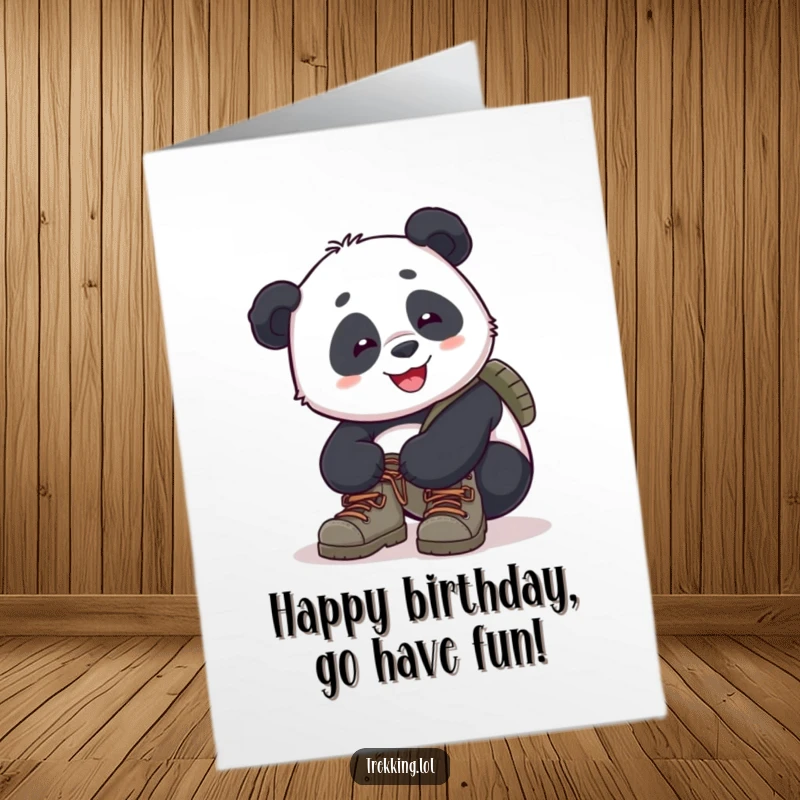 Funny Free Printable Birthday Card: A smiling panda struggles humorously to tie its hiking boot laces with a cheerful expression.