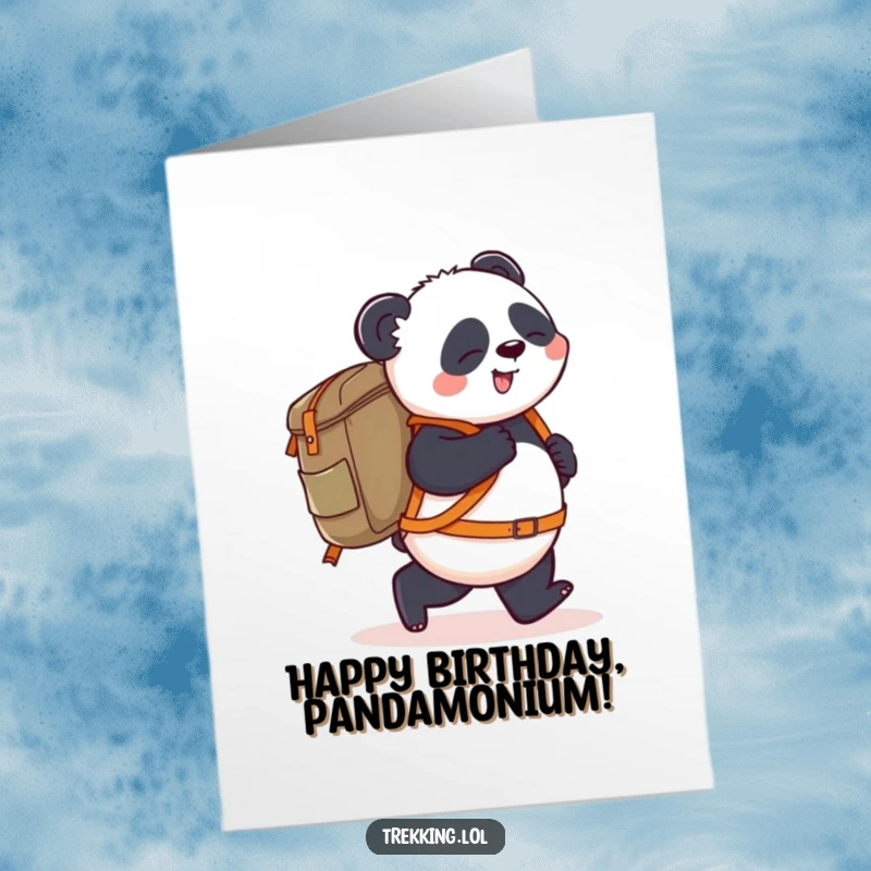 Funny Free Printable Birthday Card: Playful Panda Stumbling with a Giant Backpack, Ready for Fun!