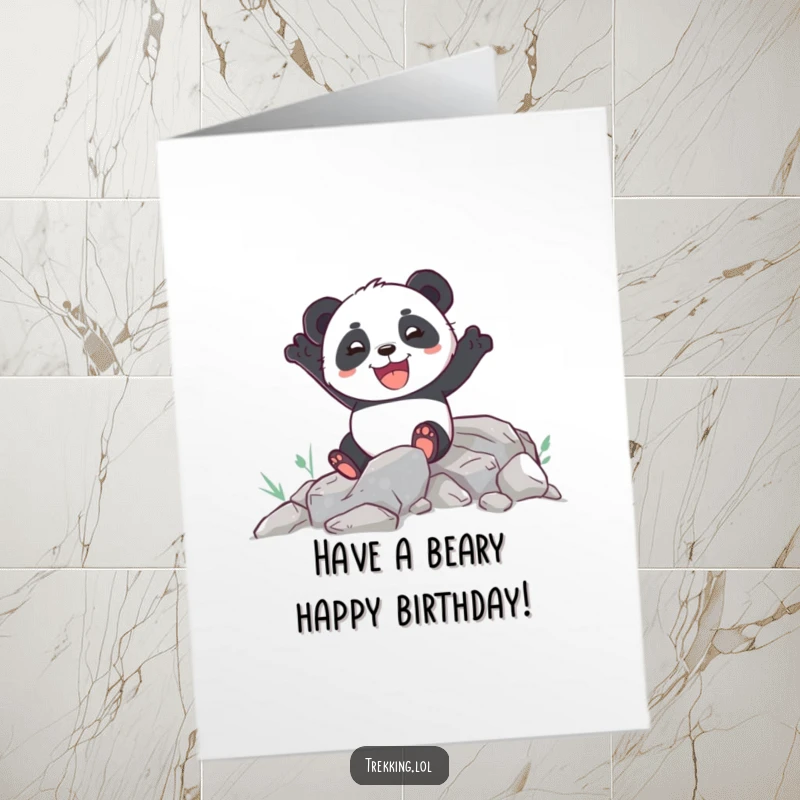 Funny Free Printable Birthday Card: Enthusiastic panda joyfully climbing a rocky path, perfect for birthday adventures.
