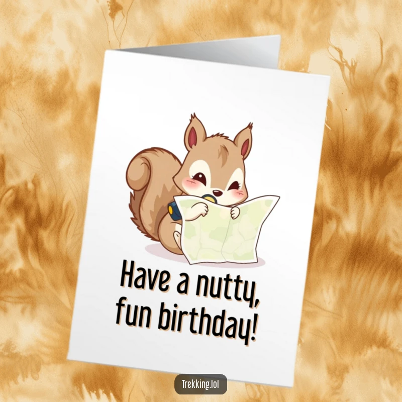 Funny Free Printable Birthday Card: Curious squirrel peering at a map with a headlamp, planning a birthday quest. A downloadable surprise.