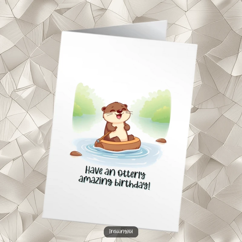 Funny free printable birthday card: a giggling otter joyfully paddling a tiny raft down a river.