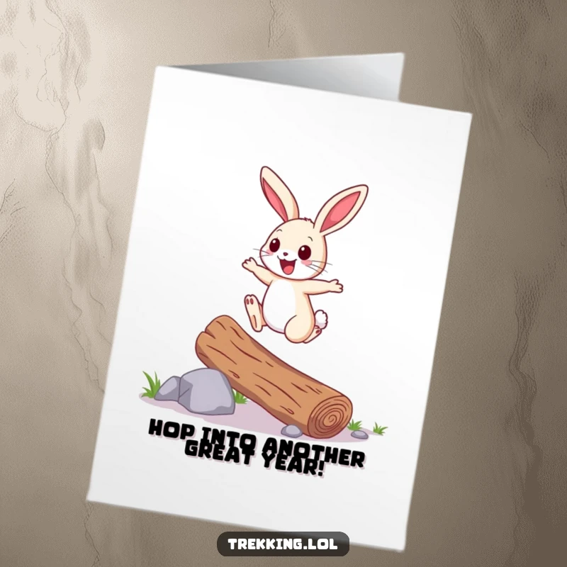 Funny Free Printable Birthday Card: Cheerful Bunny Joyfully Hopping Over a Fallen Log!
