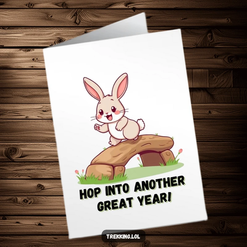 Funny Free Printable Birthday Card: Happy Rabbit Grinning, Hopping Over Log Bridge, Birthday Fun!