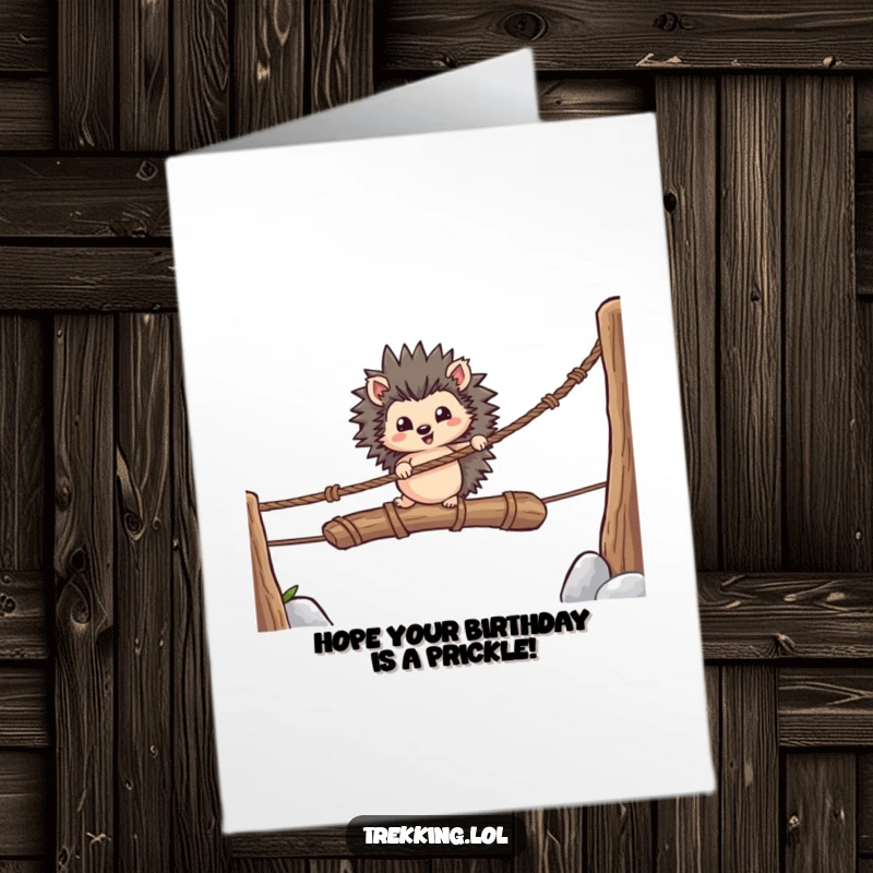 Funny Free Printable Birthday Card showing a brave hedgehog carefully crossing a precarious, rickety rope bridge.