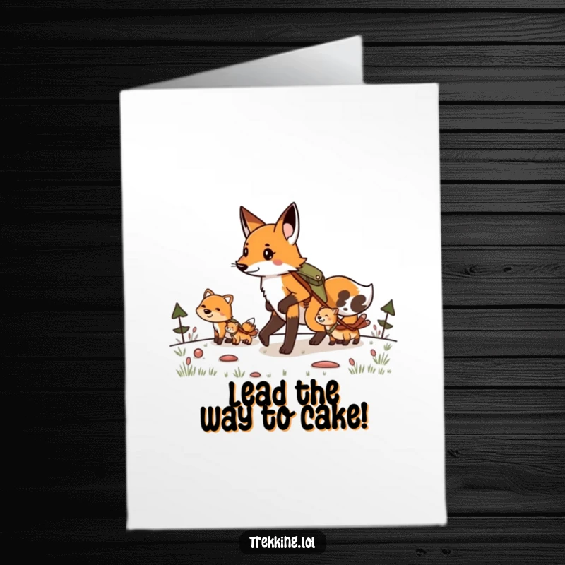 Funny Free Printable Birthday Card: Determined fox leading smaller animals on a mountain hike, celebrating with humor. A downloadable birthday surprise.