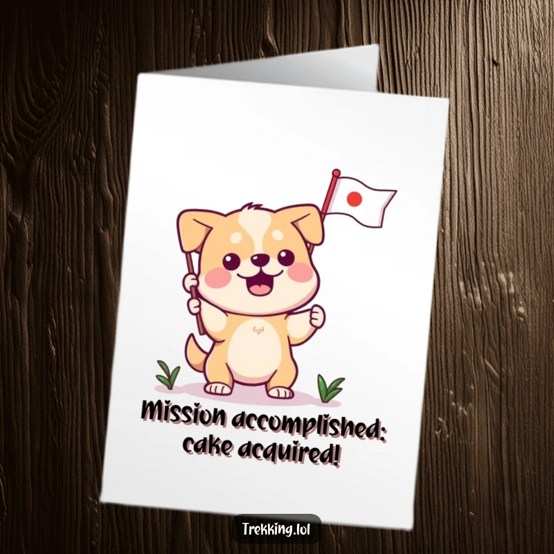 Funny Free Printable Dog Birthday Card featuring a determined dog planting a tiny flag with triumphant joy and a celebratory message.