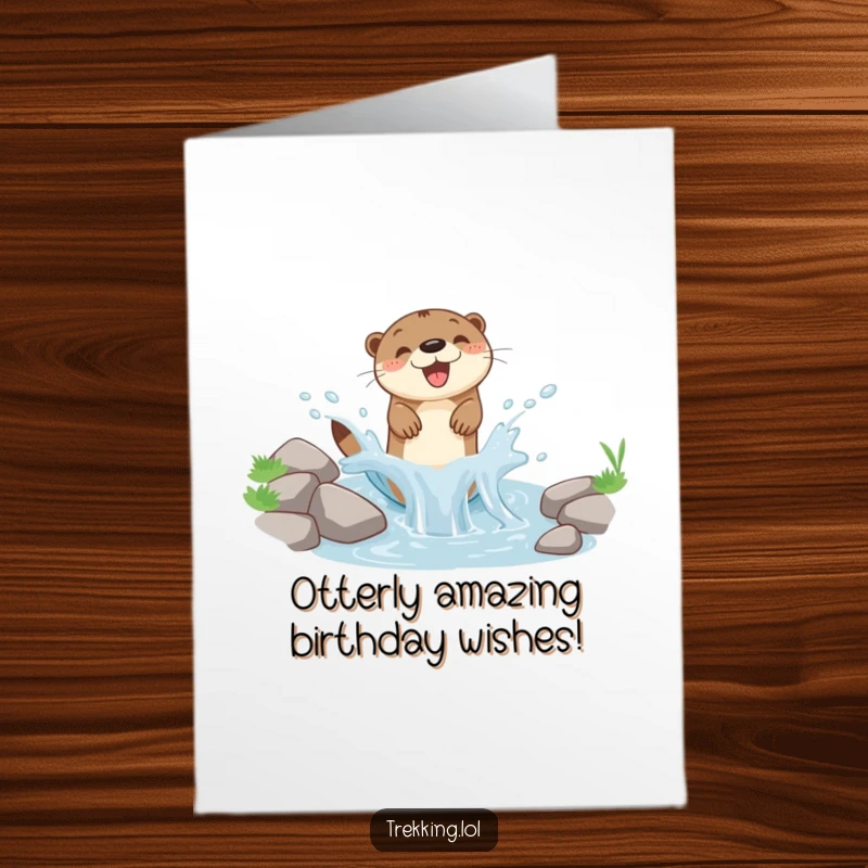 Funny Free Printable Birthday Card: Playful otter splashing with glee in a mountain stream, ready to deliver birthday wishes.