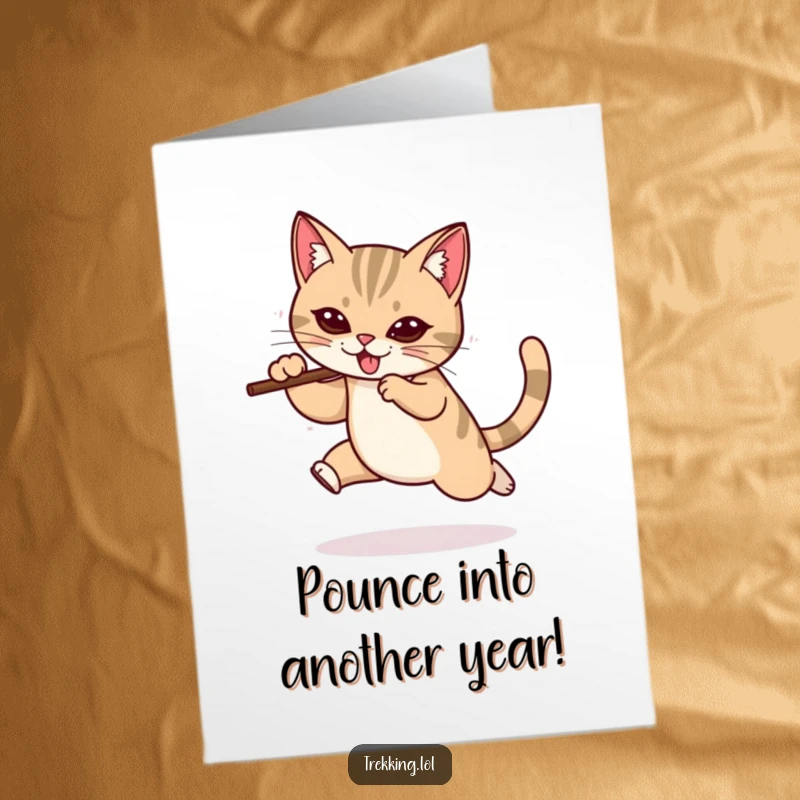 Funny Free Printable Birthday Card: Determined cat leaping with a walking stick, a humorous downloadable gift.