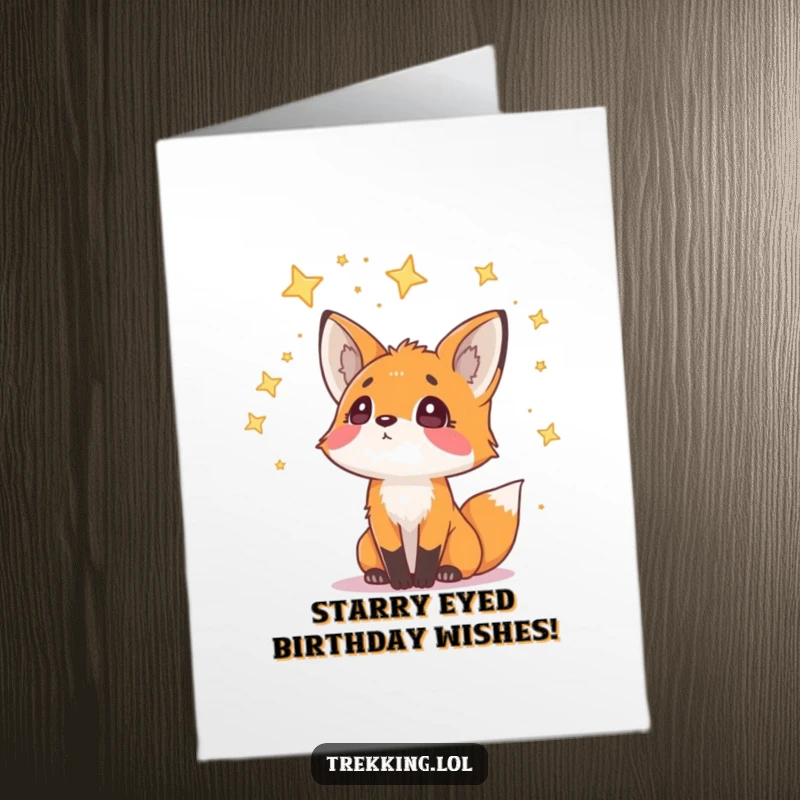 Funny Free Printable Birthday Card: Curious fox looks up with wonder at a scattering of stars, dreaming big.