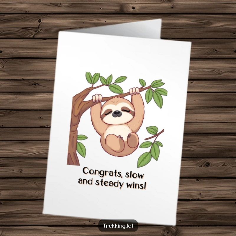 Funny Free Printable Congrats Card: Sleepy sloth hanging peacefully, observing a beautiful, serene landscape.