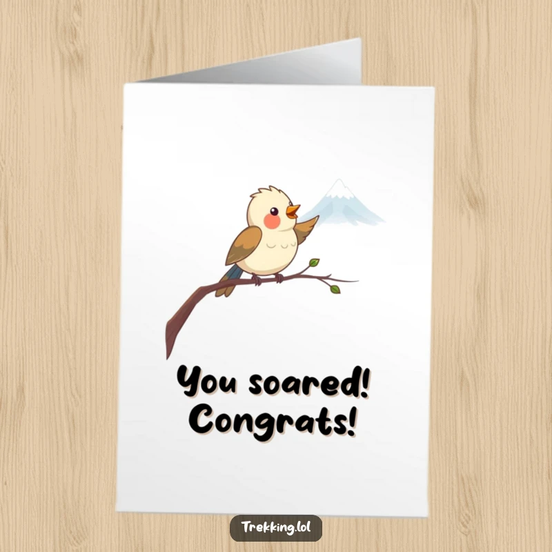 Funny Free Printable Congratulations Card: Delighted bird on branch celebrates success, pointing towards new horizons.