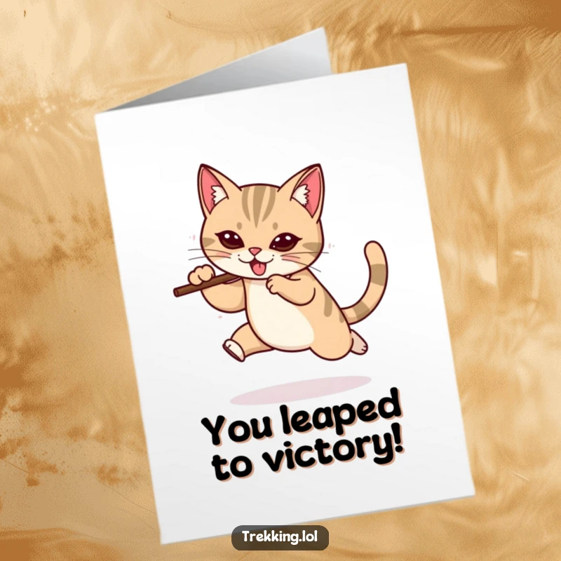 Funny Free Printable Congratulations Card: Determined cat leaping over an obstacle with a walking stick, a humorous downloadable gift.
