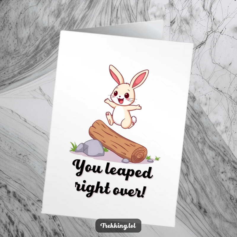 Funny Free Printable Congratulations Card: Cheerful Bunny Hopping Over Log with Energy!