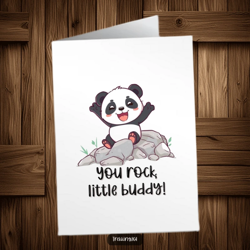 Funny Free Printable Congrats Card: Panda successfully navigating a difficult rocky path with pure joy, celebrating achievements.