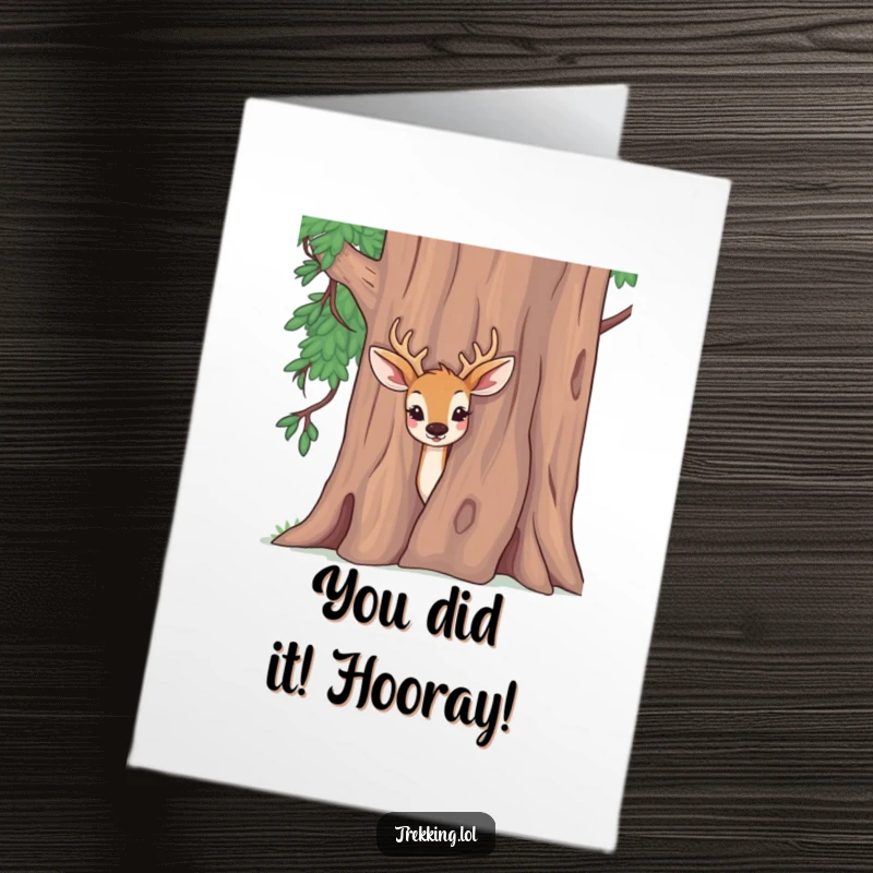 Funny Free Printable Congrats Card: Delighted deer peeking curiously from behind a tree, celebrating achievements with intrigue.